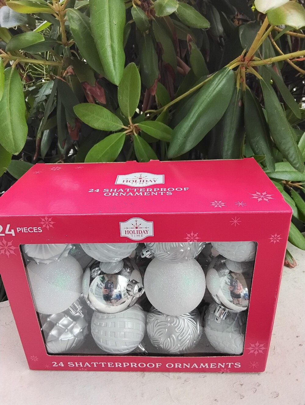 Holiday Time Silver and White Shatterproof Ornament Set - 24 Piecesy